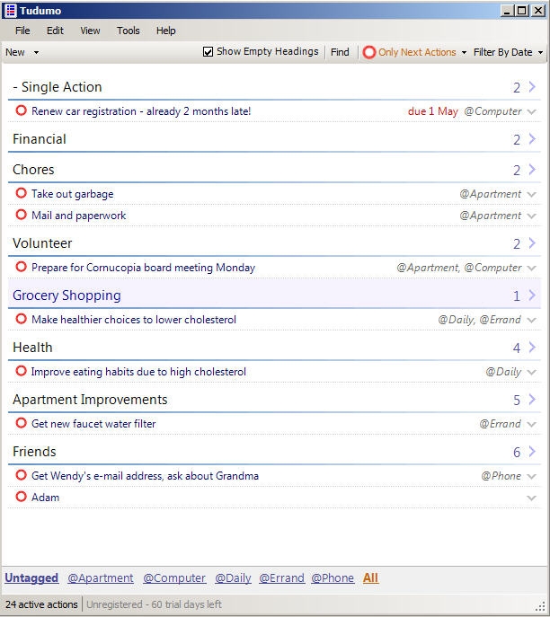 screenshot of the Tudumo view filtered by next actions